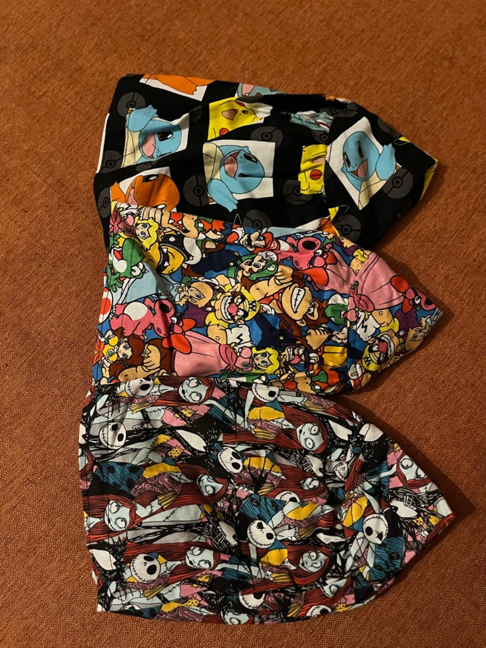 Bundle of 3 New Handmade Euro Style Scrub Hats. Pokémon, Nightmare, Mario